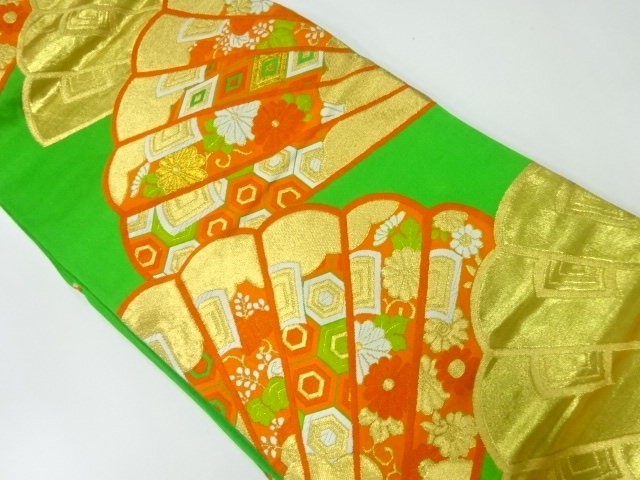 JAPANESE KIMONO / ANTIQUE FUKURO OBI / SILK / WOVEN FOLDING FAN PATTERN